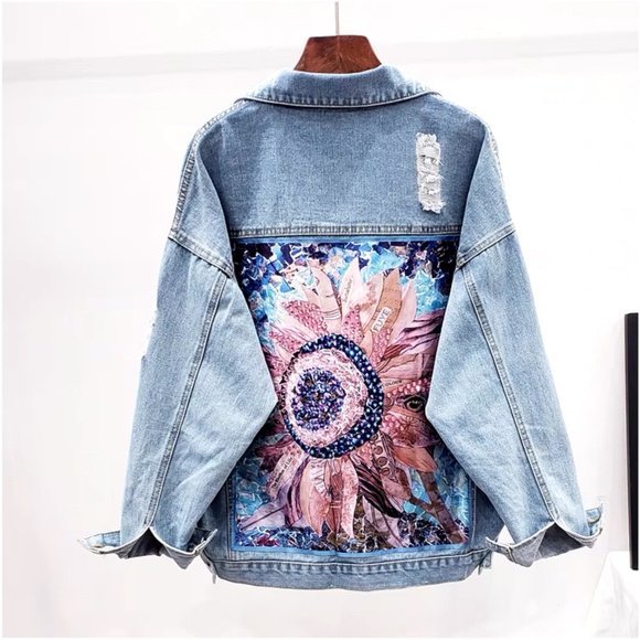 Boho Floral Print Beaded Distressed Denim Jean Jacket - Picture 2 of 10
